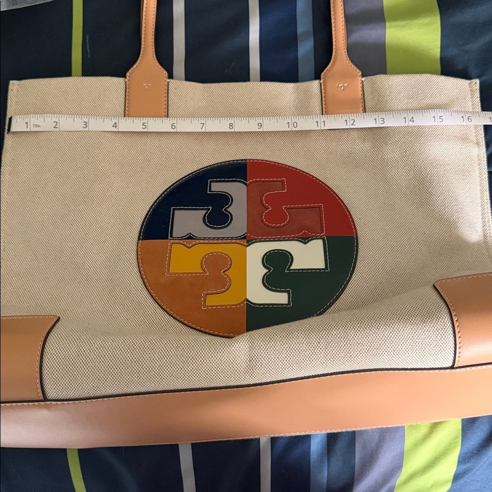 Tory Burch Ella Canvas Colorblock Logo Tote Bag OS Beige Tan Multicolor - Picture 10 of 11